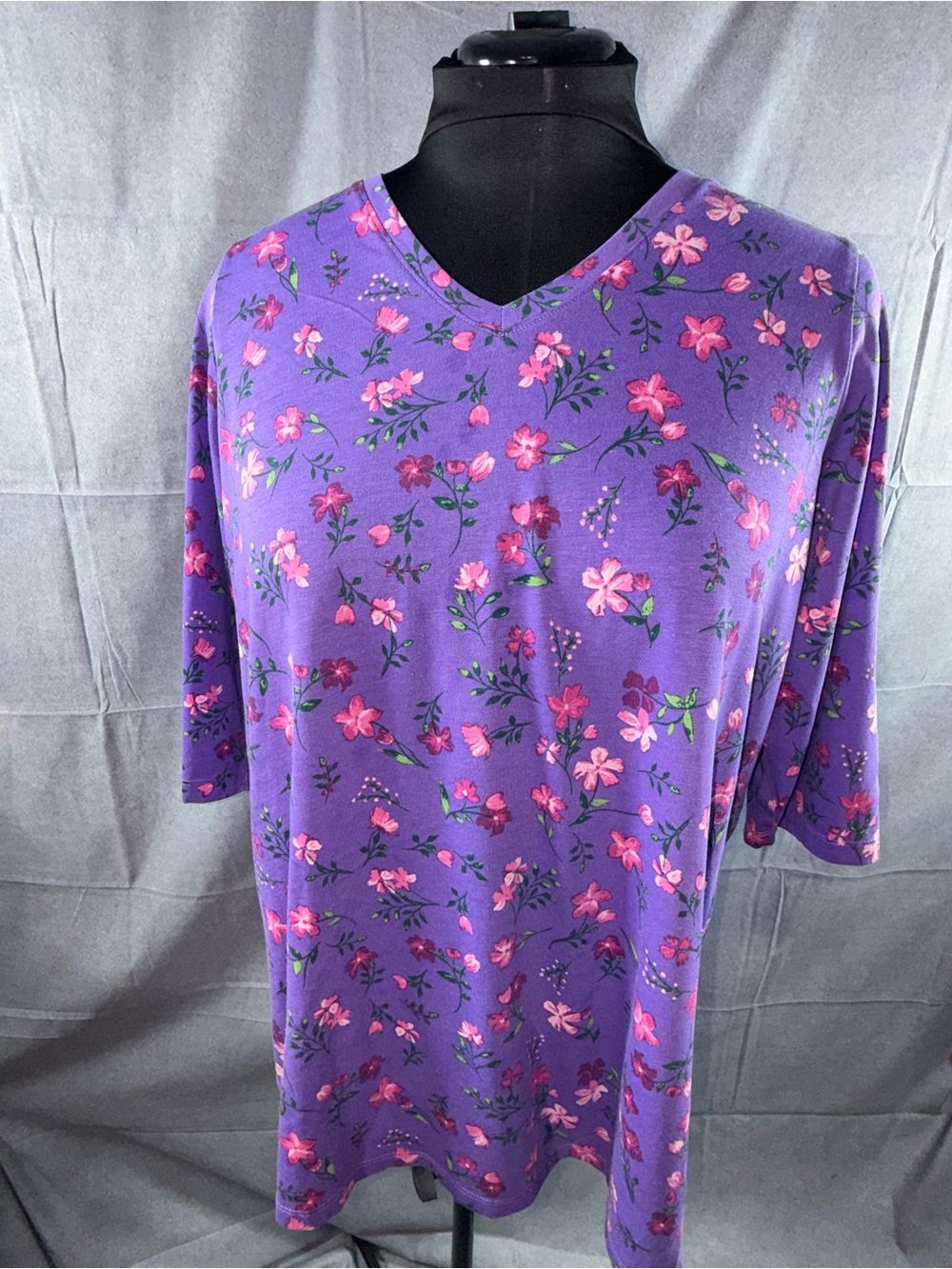 2849-Woman Within Purple Floral V-Neck Tee with Pink Blossoms